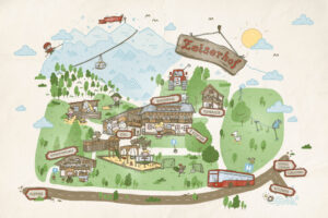 Illustrierte Karte des Zeiserhofs mit beschrifteten Gebäuden, Tieren, Spielplatz, Bergen, Seilbahn, Bus und verschiedenen Aktivitäten im Freien, dargestellt in einem skurrilen Stil.